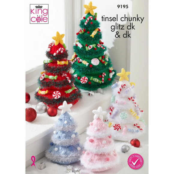 King Cole Pattern Christmas Trees Knitted in Tinsel Chunky, Glitz DK and Big Value DK 9195