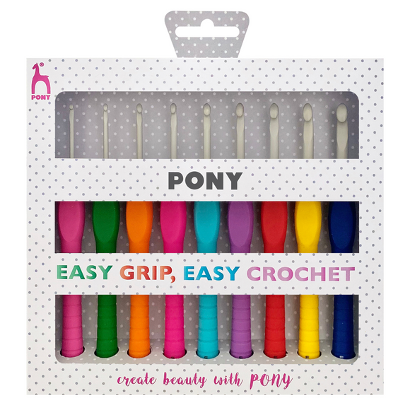 Pony Crochet Hook Set: Easy Grip Handle with Finger Flat: 14cm x 2mm - 6mm