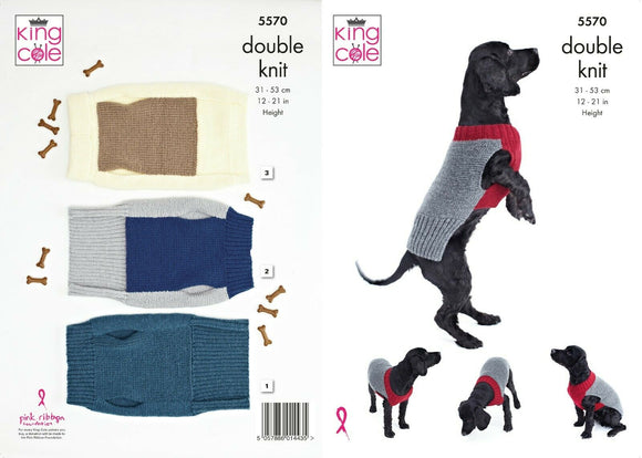 King Cole Knitting Pattern Dog Winter Coats 31cm - 53cm - Double Knit 5570